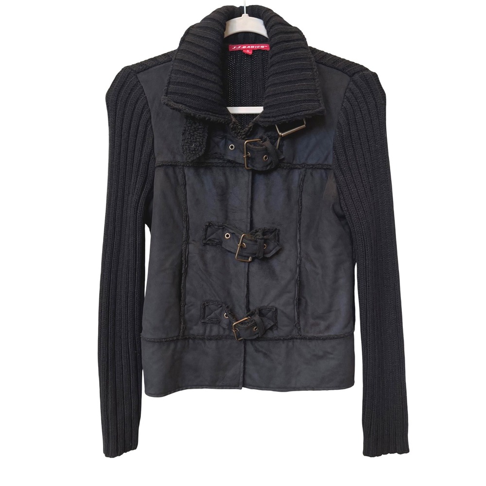JJ Basics Vintage Y2K Moto Grunge Buckle Jacket Black Faux Suede Knit Medium